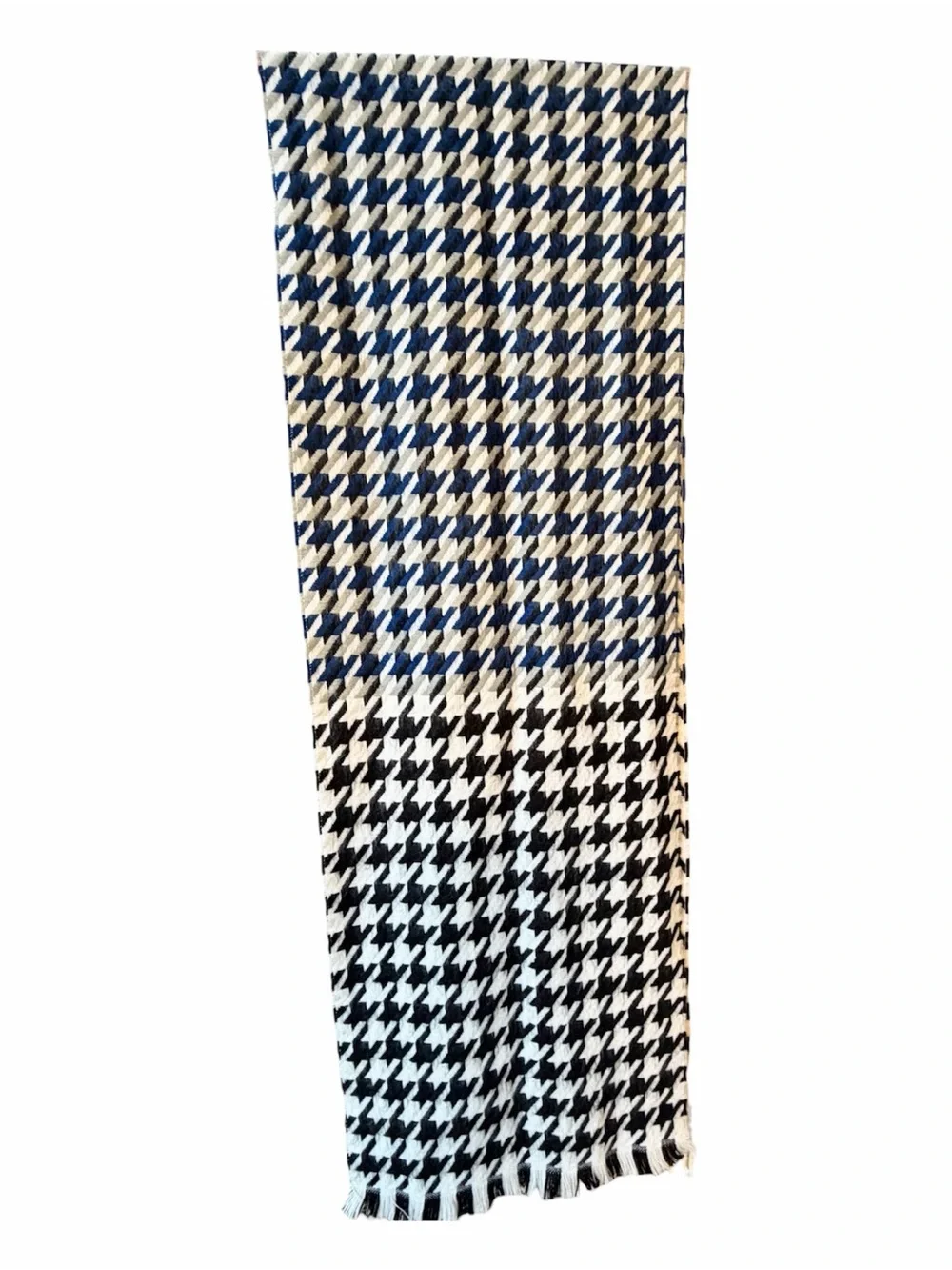 Made in Scotland 100% Cashmere Houndstooth Scarf Black White Blue 70”x12” Fringe